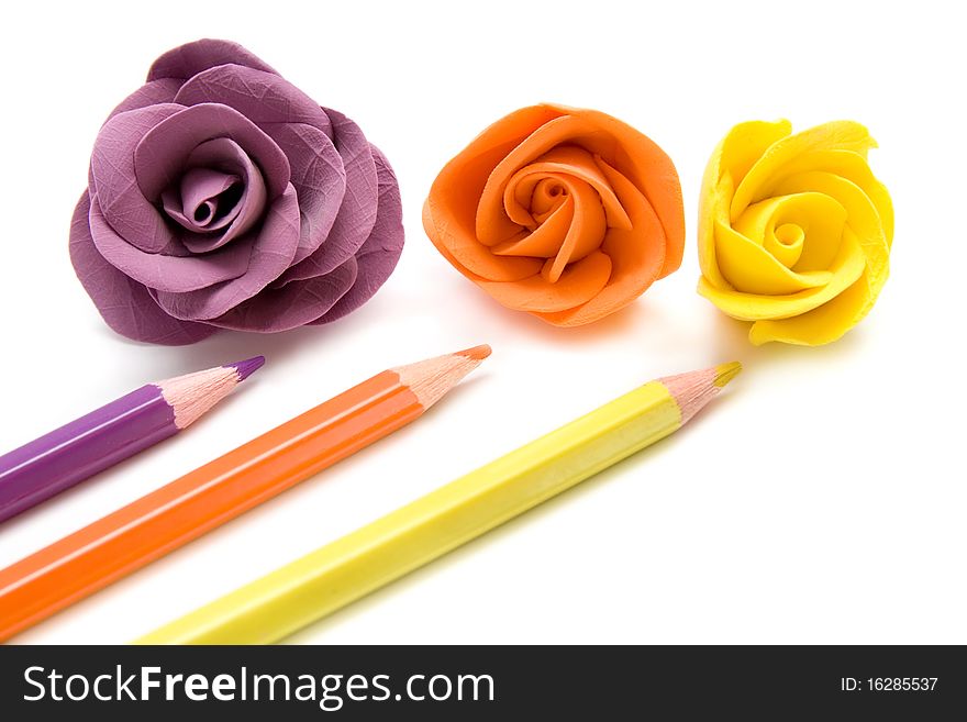 Bright decorative roses with color pencils on white background. Bright decorative roses with color pencils on white background