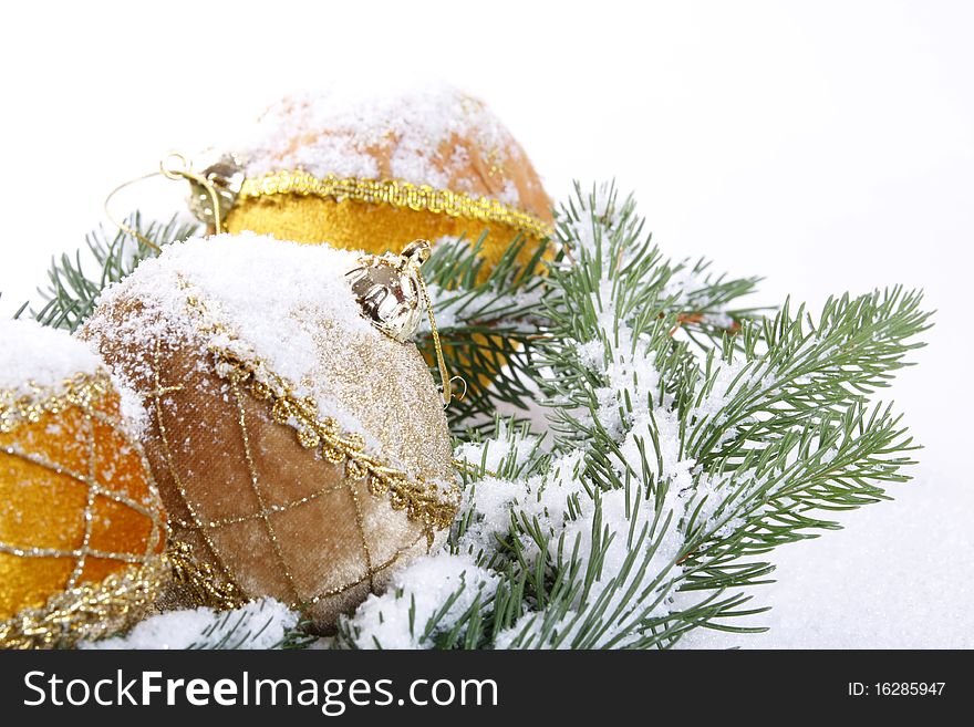 Christmas bauble on white snow background