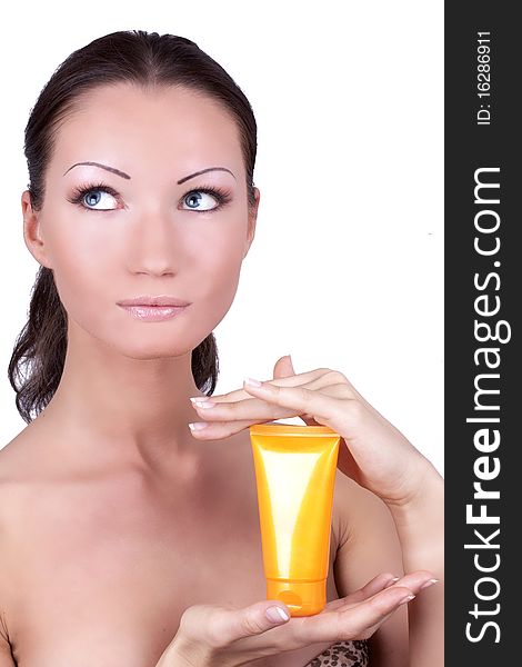 Woman With Sun Protection Cream In Her