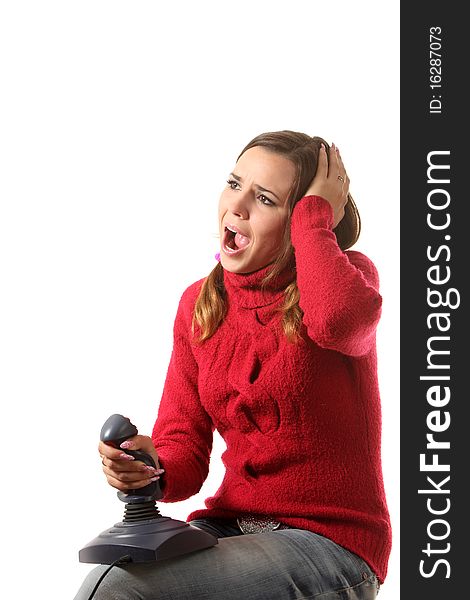 Girl play computer game with helping of a joystick. Girl play computer game with helping of a joystick