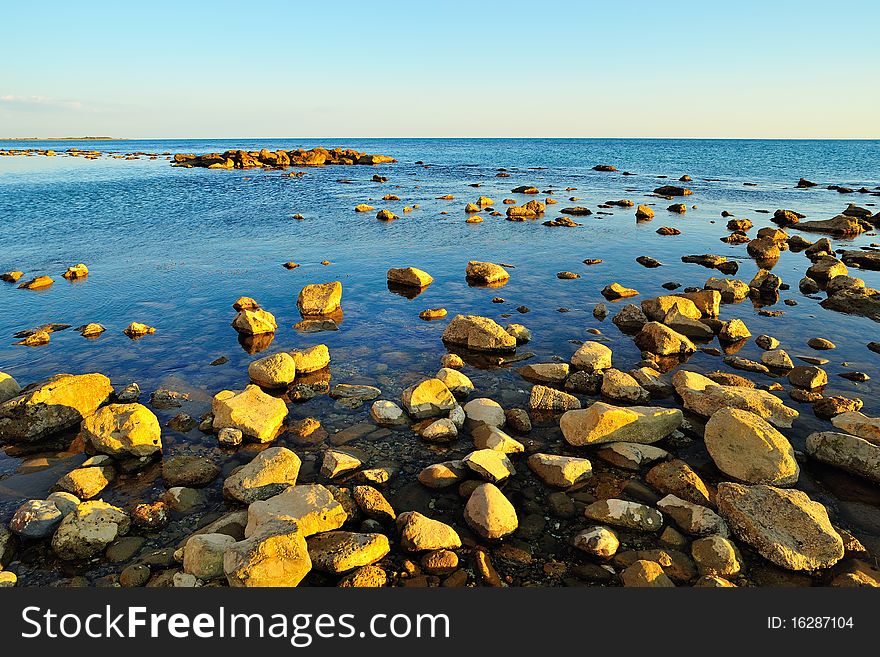 Mediterranean Sea with Rocks and Reef at Sunset. Mediterranean Sea with Rocks and Reef at Sunset