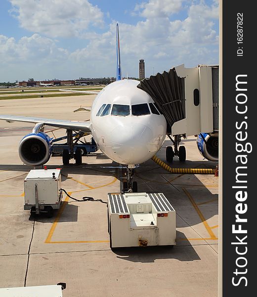 Airliner parked ready for boarding. Airliner parked ready for boarding