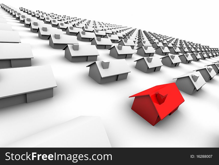High resolution illustration of houses, one is red. High resolution illustration of houses, one is red.