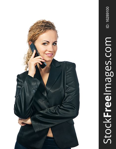 Young woman on phone. White background. Young woman on phone. White background