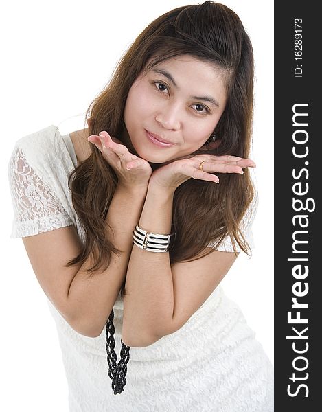 Beautiful asia woman blowing a kiss, isolated on white background