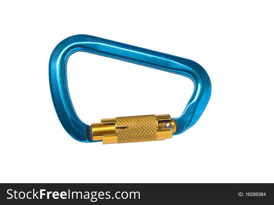 Close-up of a blue carabiner isolated over white