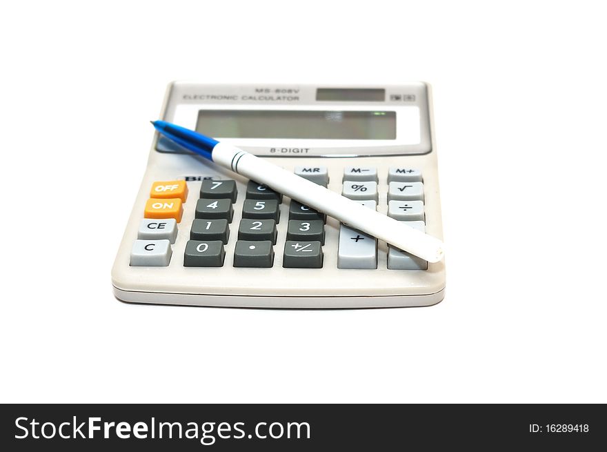 Photo of the calculator with pen on white background