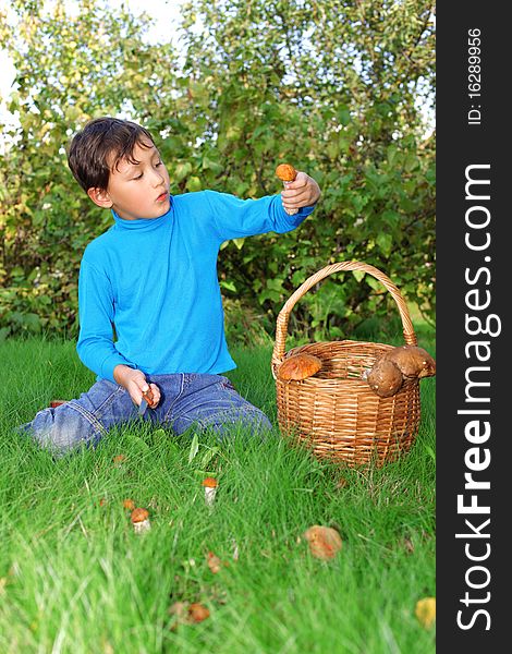 Little boy posing outdoors with mushrooms. Little boy posing outdoors with mushrooms