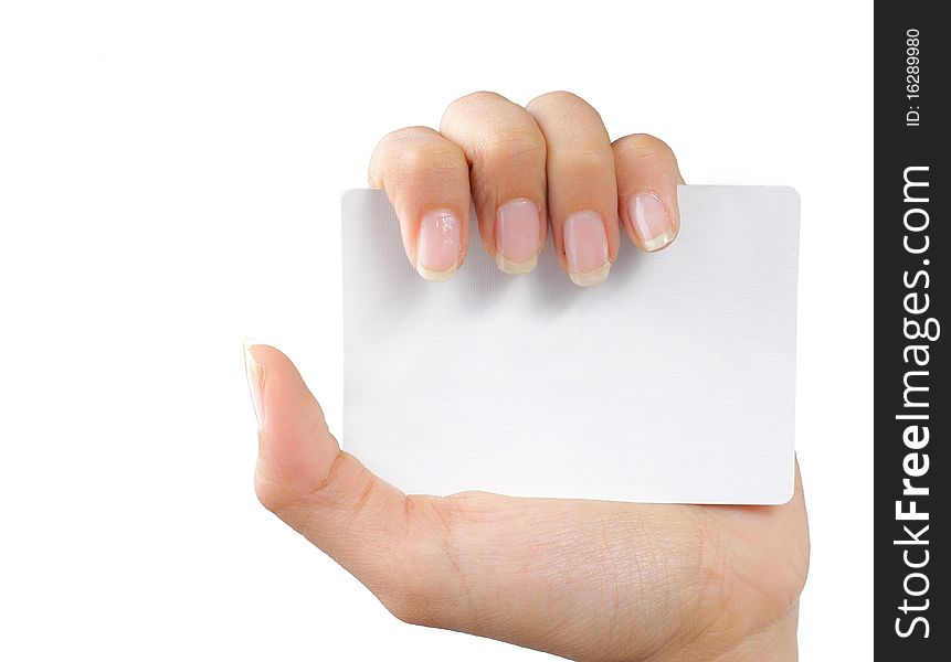 Gesture of a beautiful woman's hand showing a white card. Gesture of a beautiful woman's hand showing a white card