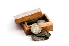 Old Hungarian Silver Coins In A Wooden Box Royalty Free Stock Images
