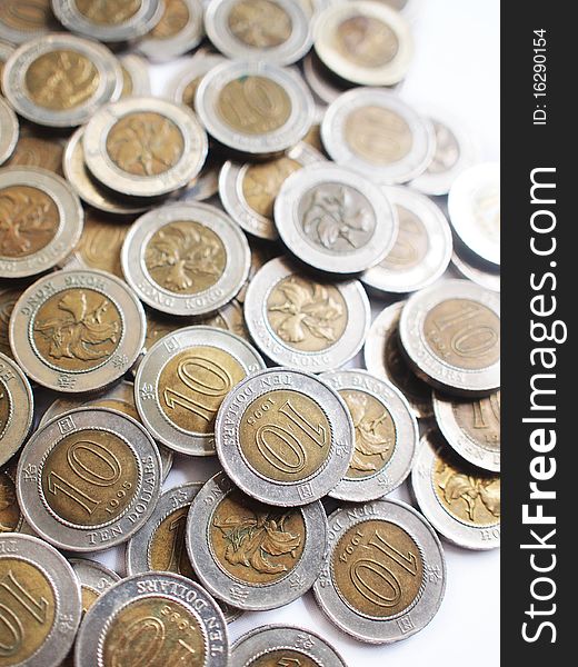 Closeup of Hong Kong Ten Dollar Coins