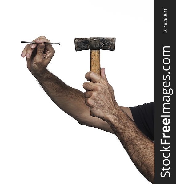 Hand holding a medium hammer on a white set. Hand holding a medium hammer on a white set