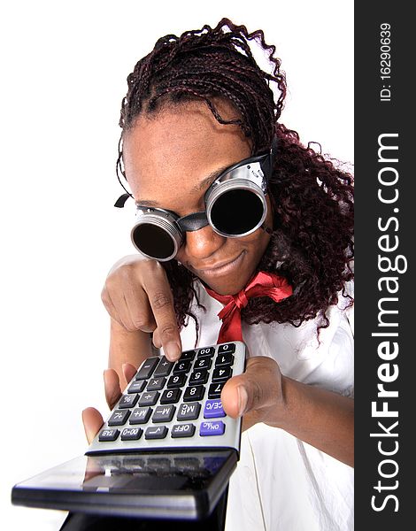 Afro american with calculator isolated on white