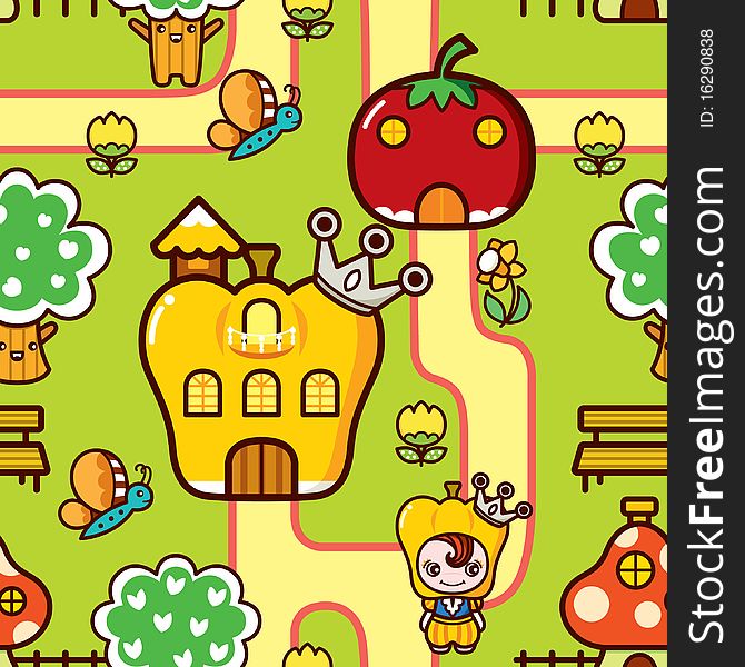 Illustration of vegetables kingdom in cartoon style, this is a seamless pattern, easy to repeat as wallpaper. Illustration of vegetables kingdom in cartoon style, this is a seamless pattern, easy to repeat as wallpaper.