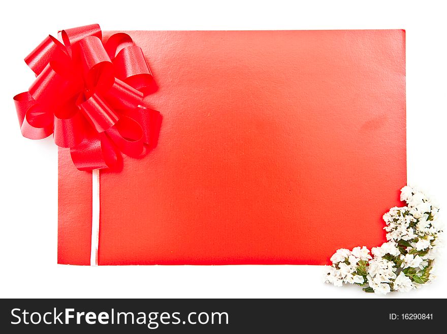 Red card with bow on white with flowers design. Red card with bow on white with flowers design