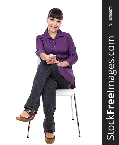 Young adult woman watching tv. over white background