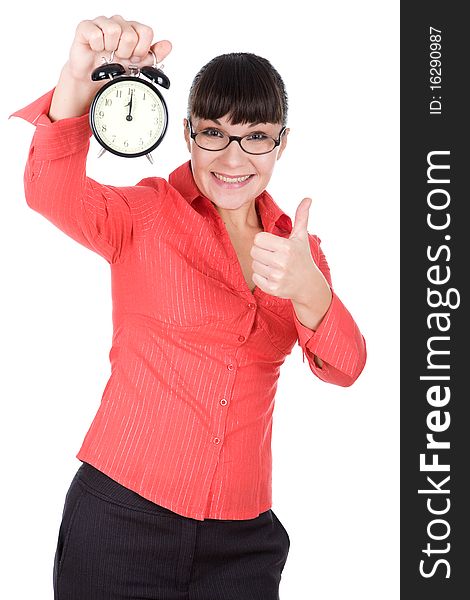 Young adult woman with clock. over white background