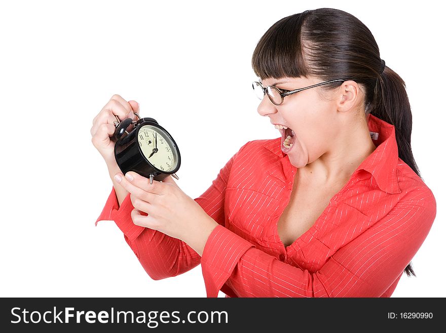 Young adult woman with clock. over white background
