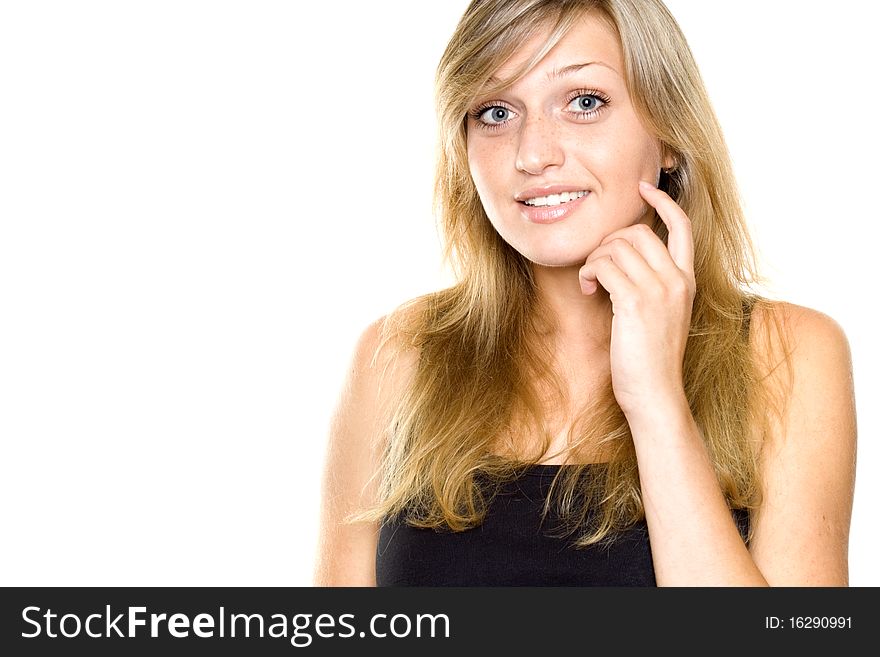 Happy young woman smiling headshot with friendly look. Isolated on white background. Happy young woman smiling headshot with friendly look. Isolated on white background