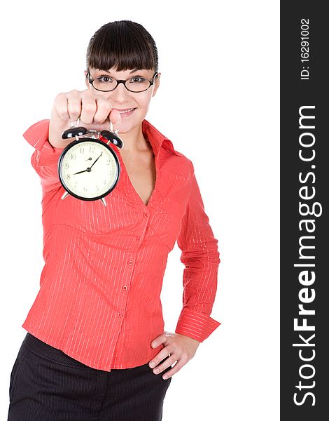 Young adult woman with clock. over white background