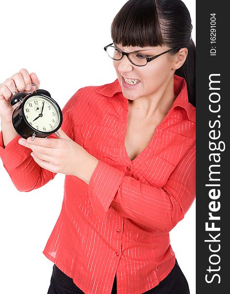 Young adult woman with clock. over white background