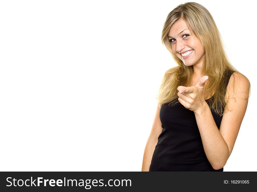 Young woman pointing at camera