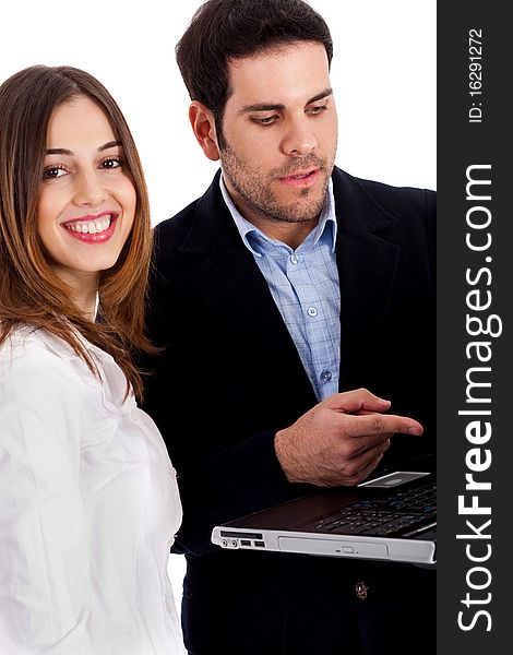 Closeup view of couple with laptop discussing on white background. Closeup view of couple with laptop discussing on white background