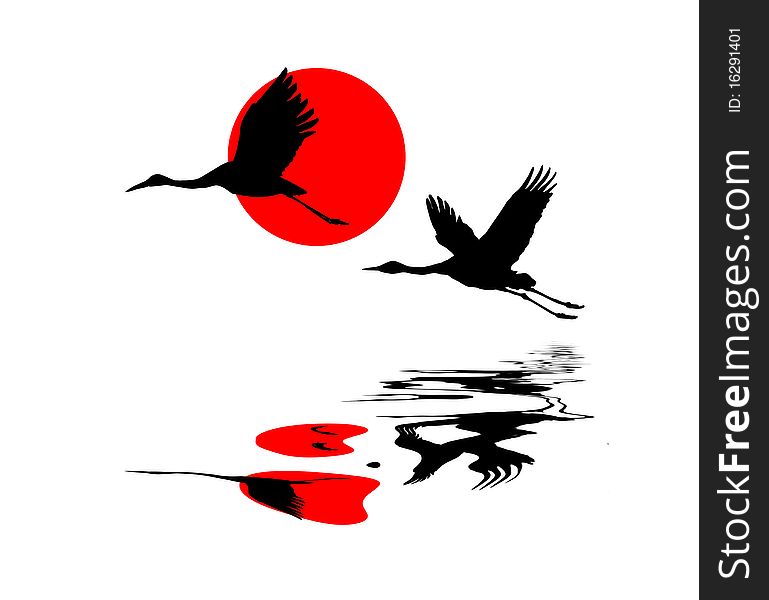 Vector illustration of the cranes in sky on background red sun