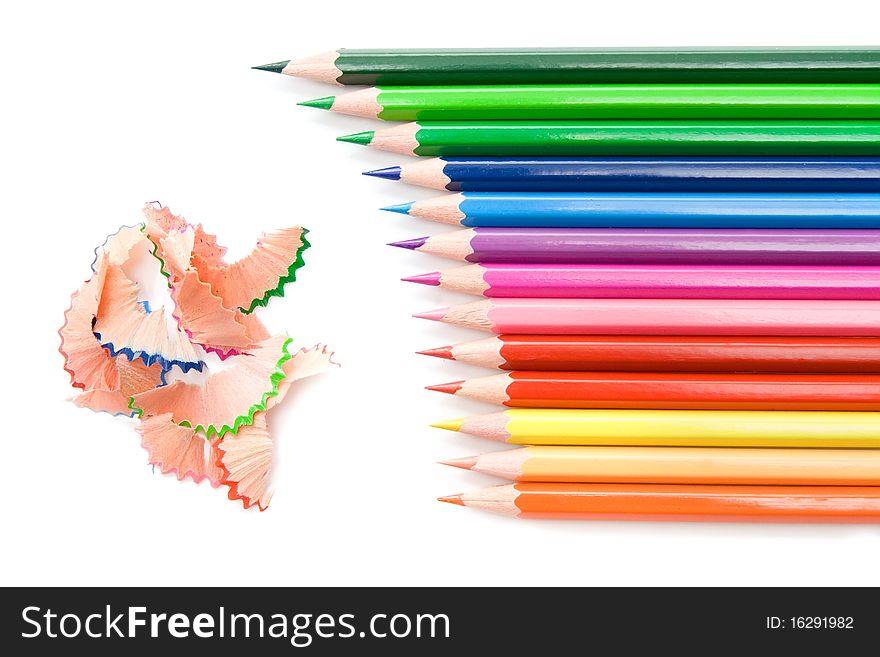 Sharpened bright colored pencils on white background