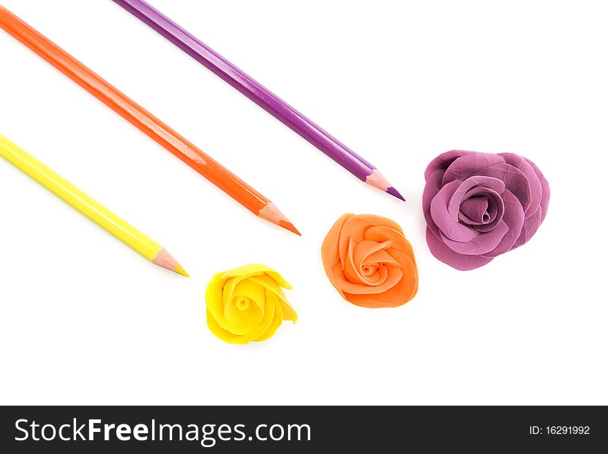 Colored roses and pencils isolated on white background