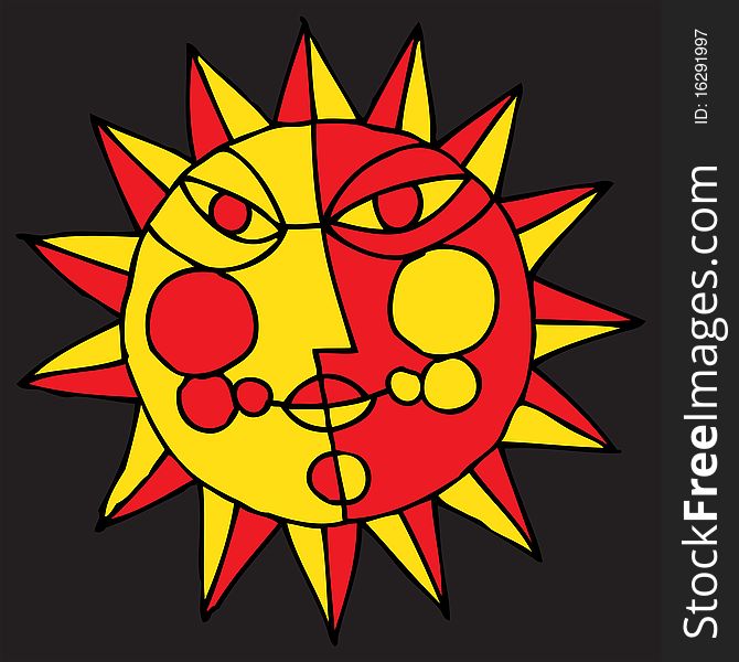 Red and yellow sun and moon symbol on black background