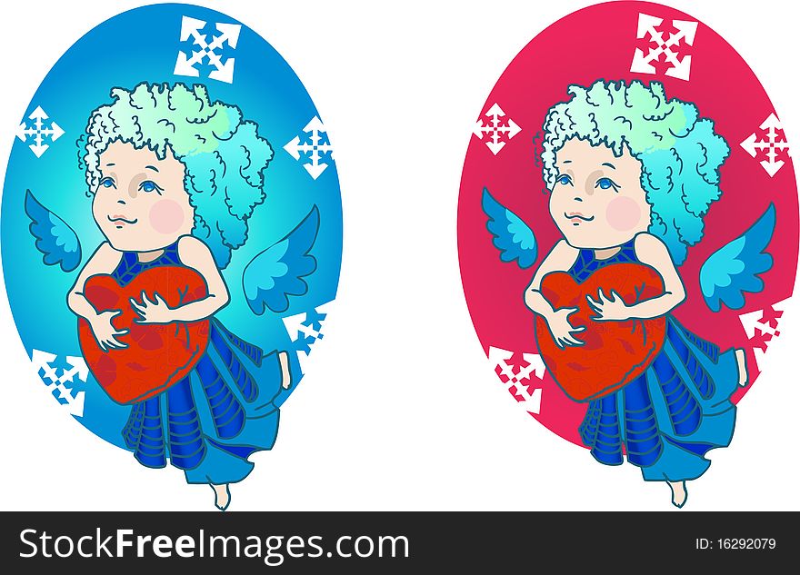 Cute angel with red heart on blue and red background