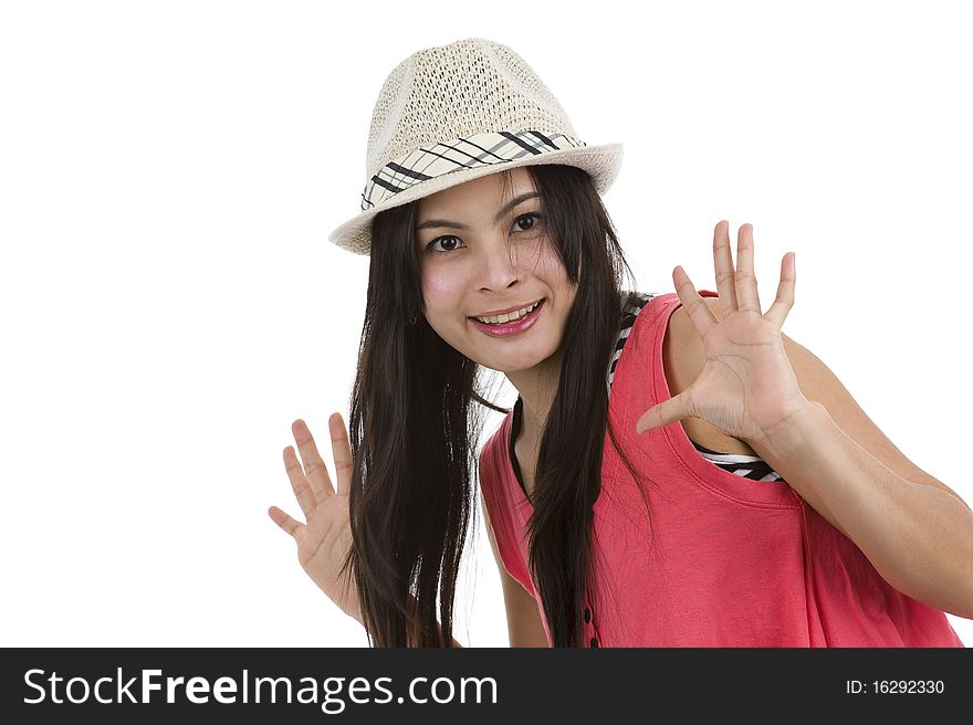 Beautiful asian woman with hands up, isolated on white background