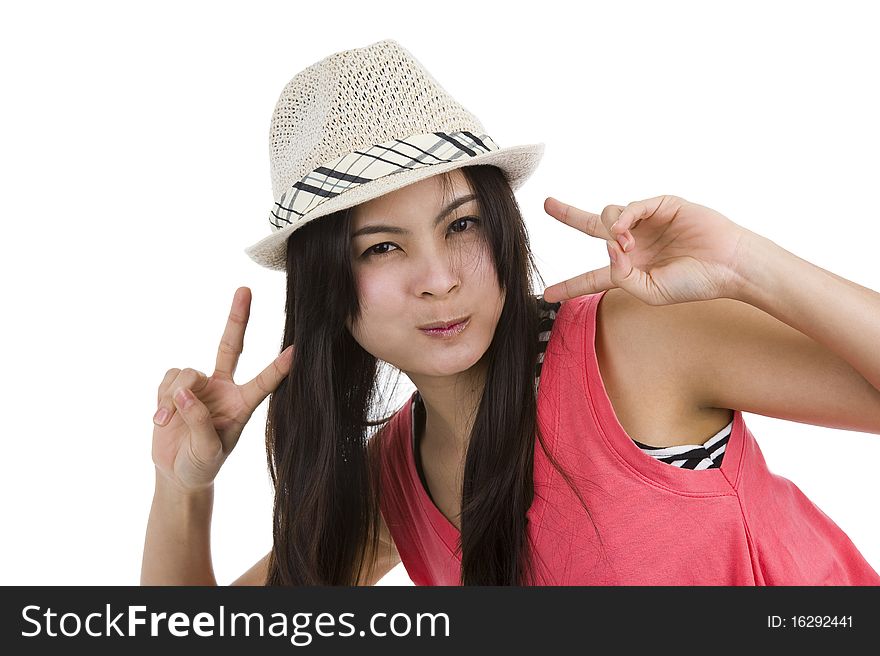 Beautiful woman with victory/peace sign, isolated on white background