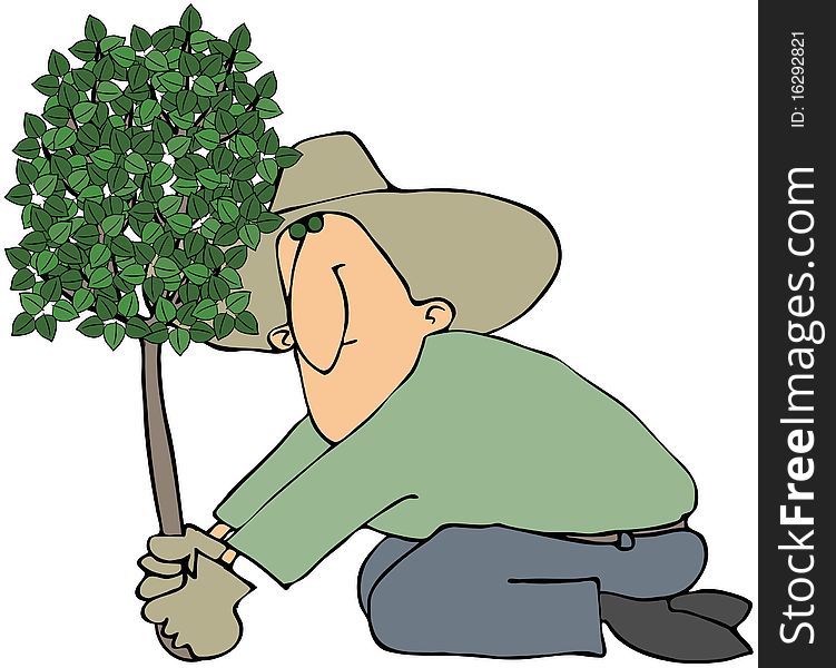 This illustration depicts a man planting a small tree. This illustration depicts a man planting a small tree.