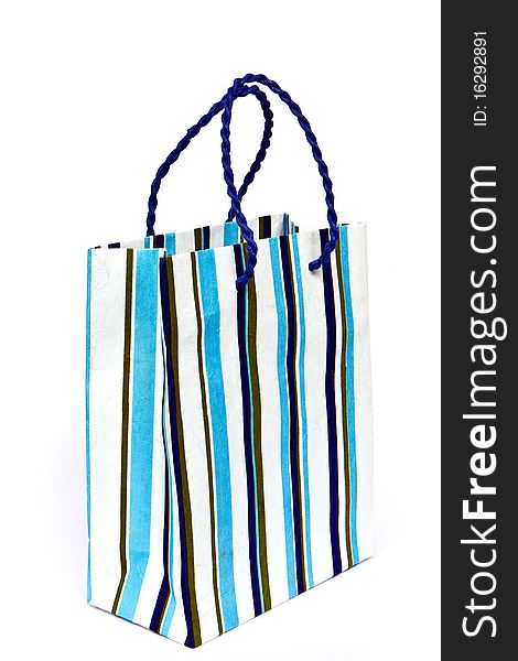 Paper stripes blue white bag on white background. Paper stripes blue white bag on white background