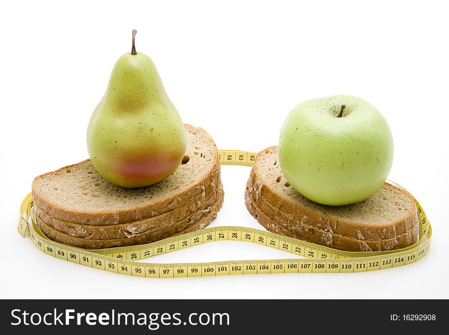 Cut bread with apple and pear. Cut bread with apple and pear
