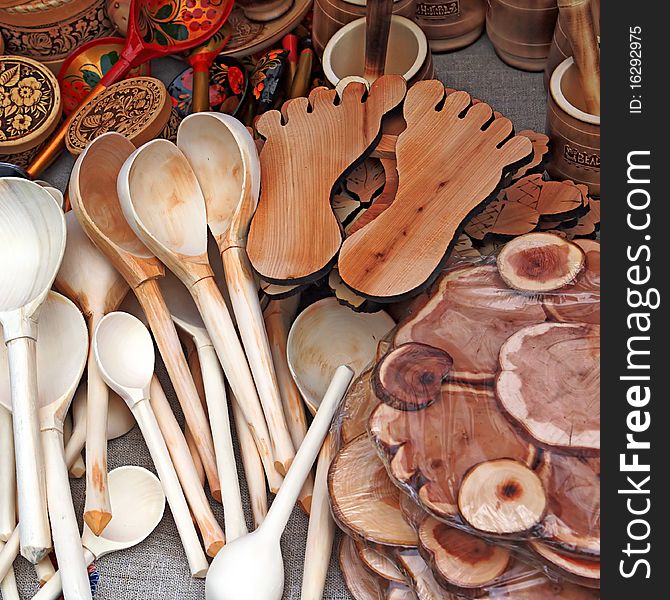 Wooden spoons on rural market