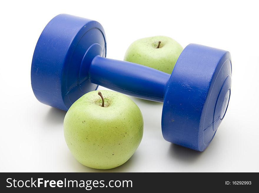 Blue dumbbell with apple