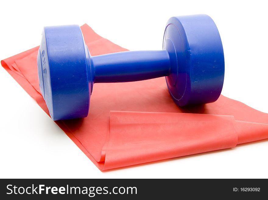 Fitness rubber and blue dumbbell