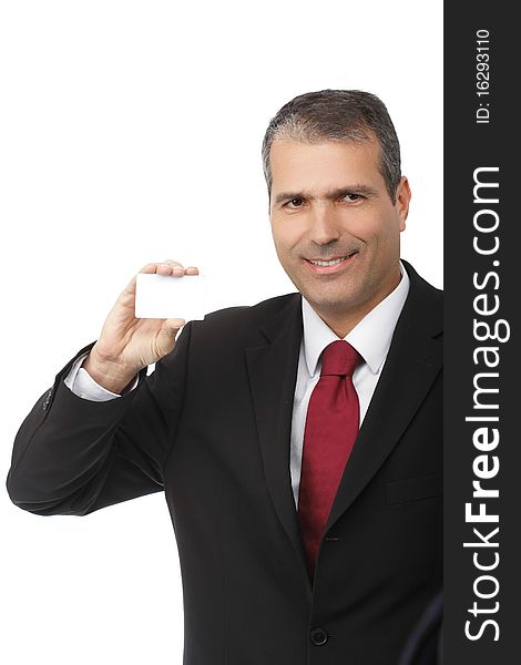 Businessman holding blank card isolated on white background - focus on the hand