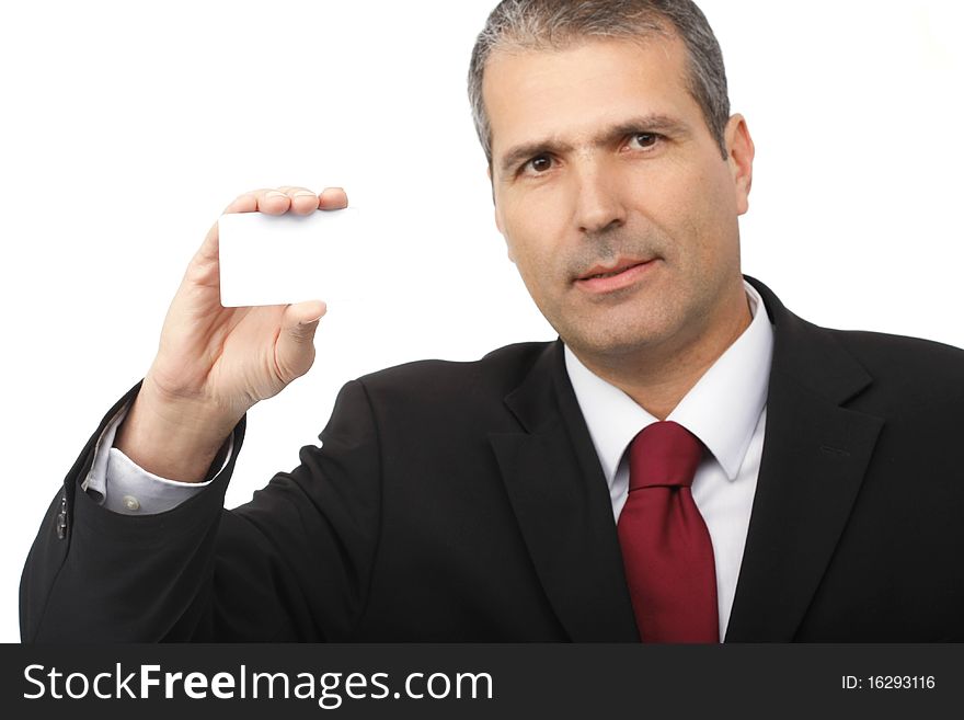 Businessman holding blank card isolated on white background