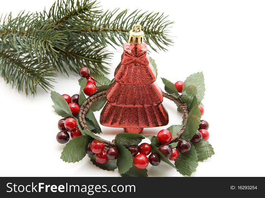 Green wreath with red Christian tree. Green wreath with red Christian tree