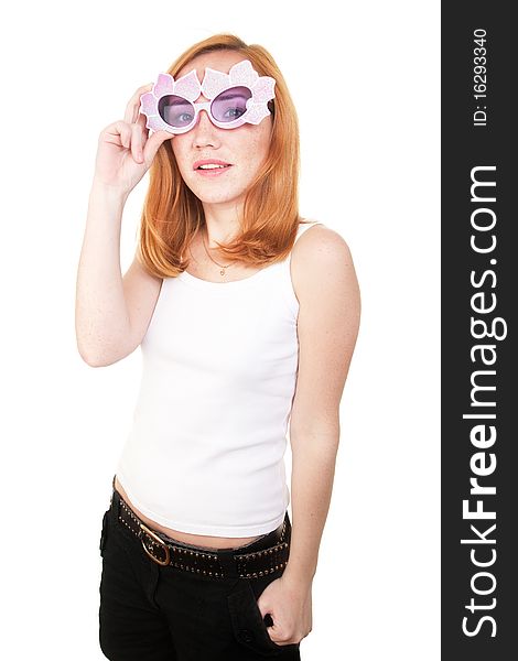 Girl with plastic glasses isolated on white