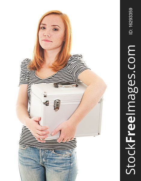 Redhead girl with plastic case