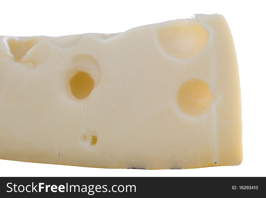 Swiss cheese slice on a white background.