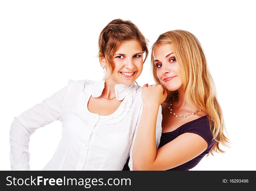 Picture of a two beautiful young girl on white background