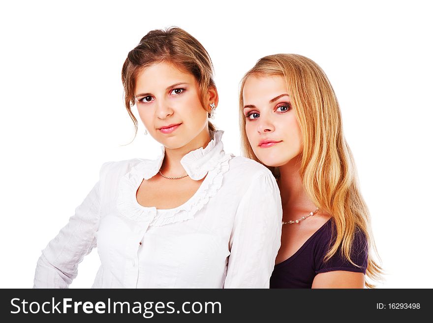 Picture of a two beautiful young girl on white background