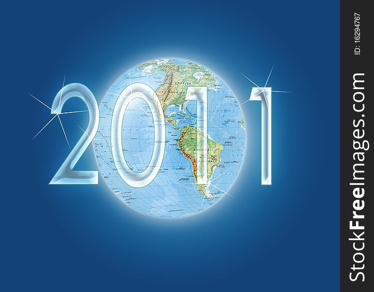 Globe on blue background and written two thousand and eleven. Globe on blue background and written two thousand and eleven