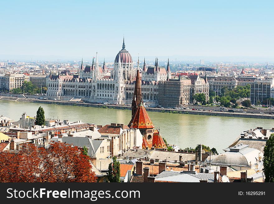 Panoramic view of Budapest including river Danube and roofs. Panoramic view of Budapest including river Danube and roofs